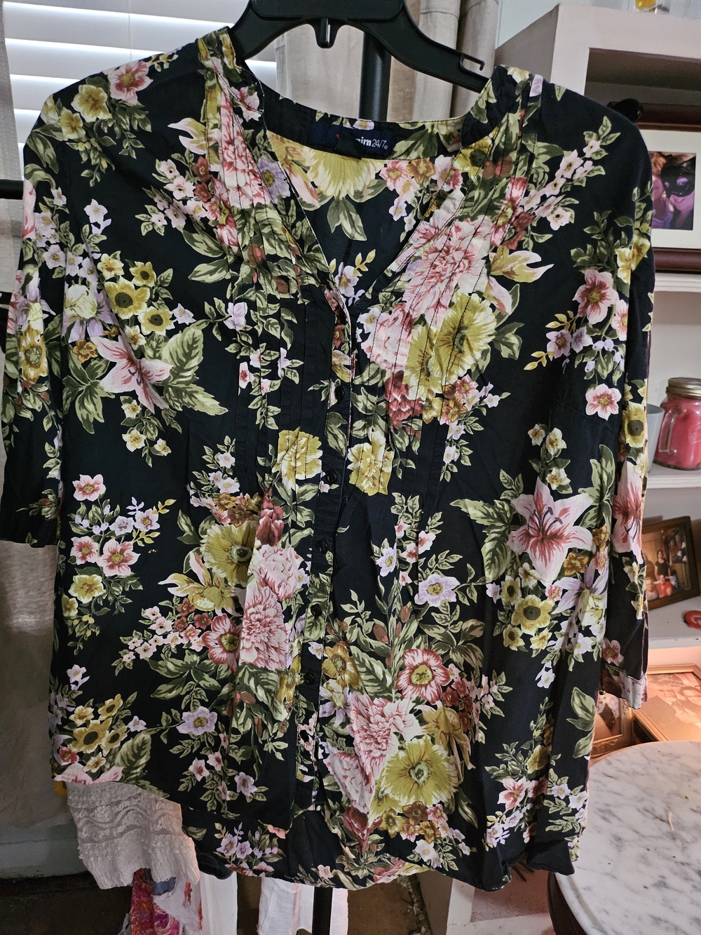Denim 24/7 Black Floral Blouse with Pink & Yellow Blooms